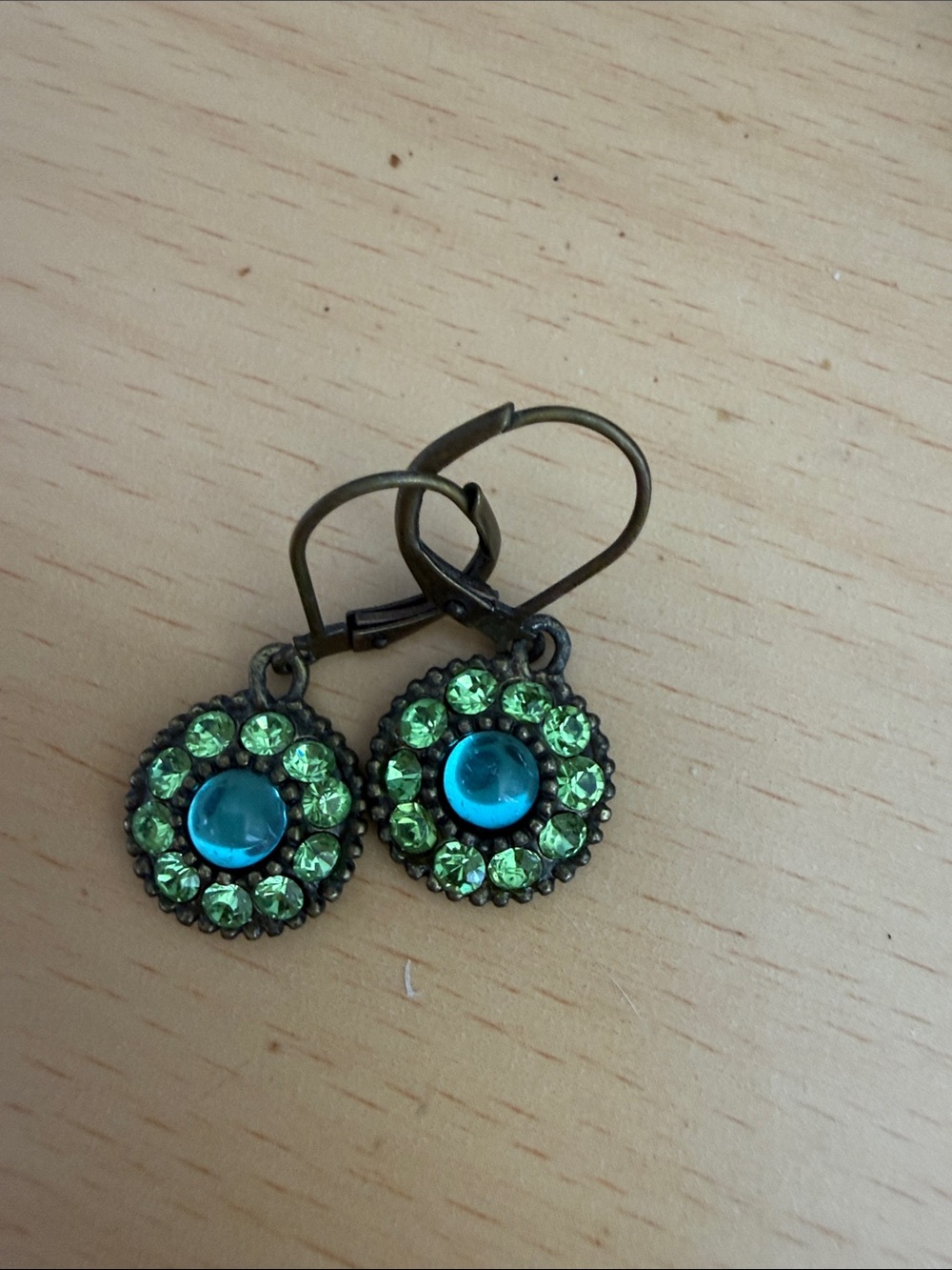 Vintage-Style Blue and Green Crystal Drop Earrings
